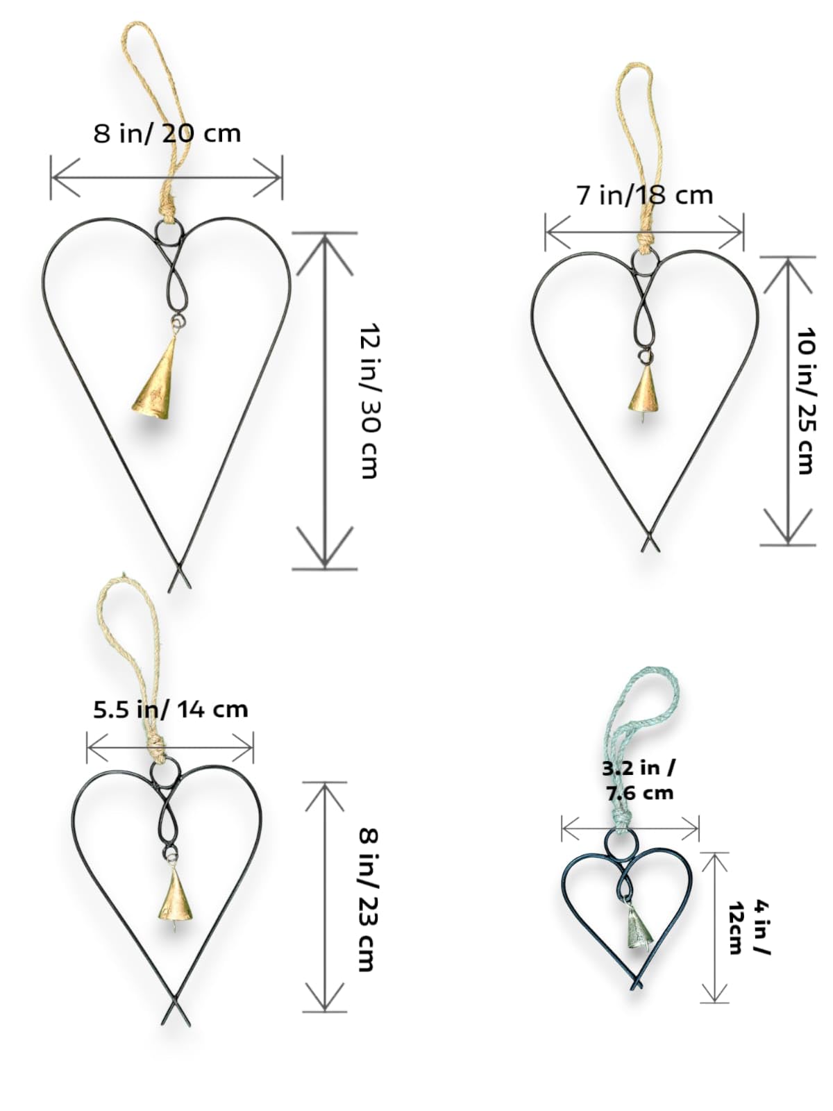Mango Gifts Set of 4 Metal Heart Wall Art Decor with Bells | Black Love Heart Wall Sign Ornaments for Bedroom, Living Room & Home Decoration