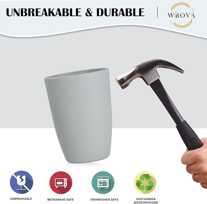 Wrova Wheat Straw Cups 8 PCS Good Alternative to Plastic Reusable Cups 20 oz Unbreakable Drinking Cup Reusable Dishwasher Safe Water Plastic Glasses Light Grey