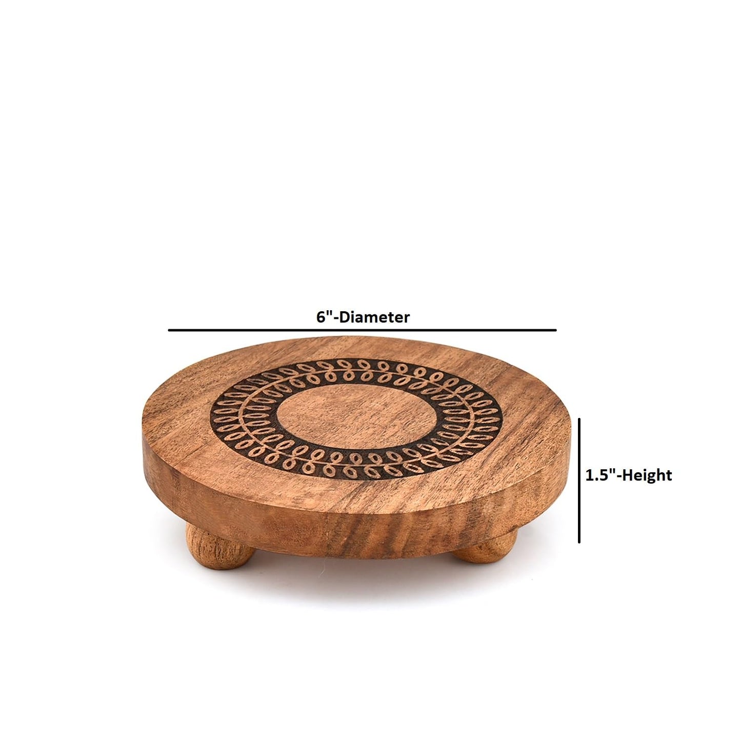 NIRMAN Pedestals Acacia Wood Round Set of 2 with Black Leaf Design Plant Stand, Farmhouse Countertop Organizer, Multi-Purpose Display (6" x 6" x 1.5")