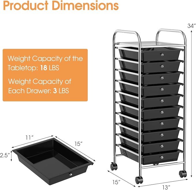 MEDIMALL 10 Drawers Rolling Storage Cart, Multipurpose Craft Storage Cart with Wheels, Mobile Tools Scrapbook Paper Organizer Cart for Office School Home Use (Black)