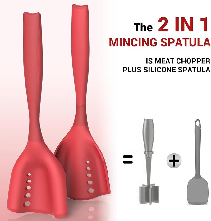 2 Pack Mincing Spatula Meat Chopper, Hamburger Grinder, Premium Heat Resistant Smasher for Ground Beef, Potato Mix Tool, Meat & Poultry Tenderizers-Red