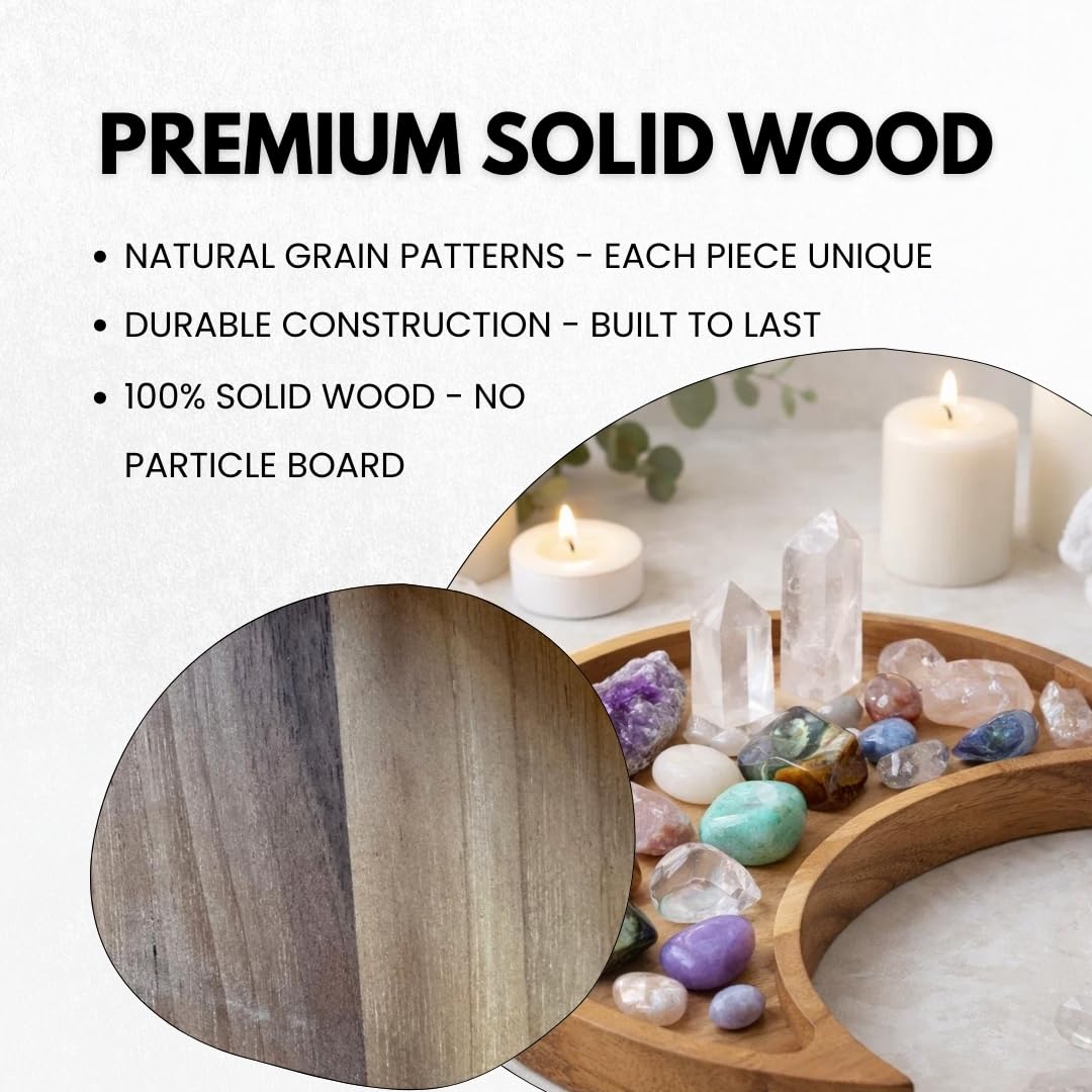 Acacia Wood Moon Crystal Display Tray - Natural Wooden Altar Tray 10.5" x 5" for Crystals and Stones Storage - Solid Wood Jewelry Organizer Dish - Boho Bedroom Decor