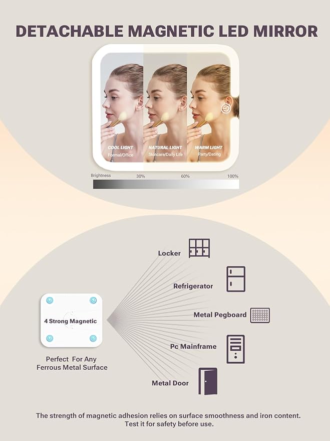 Qislee Makeup Box with Double Drawers and A Detachable Lighted Mirror, Waterproof Travel Train Case, Cosmetic Organizer and Makeup Suitcase with Adjustable Dividers, Magnetic LED Mirror (ICY Pink)