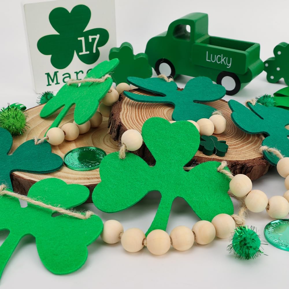 7.5 FT Beaded St Patricks Day Garland, Felt Shamrock Banner and Wooden Beads | Rustic Farmhouse Clover St Patricks Day Decorations for Home Bar Party, Shelf Display, Fireplace, Wall Decor