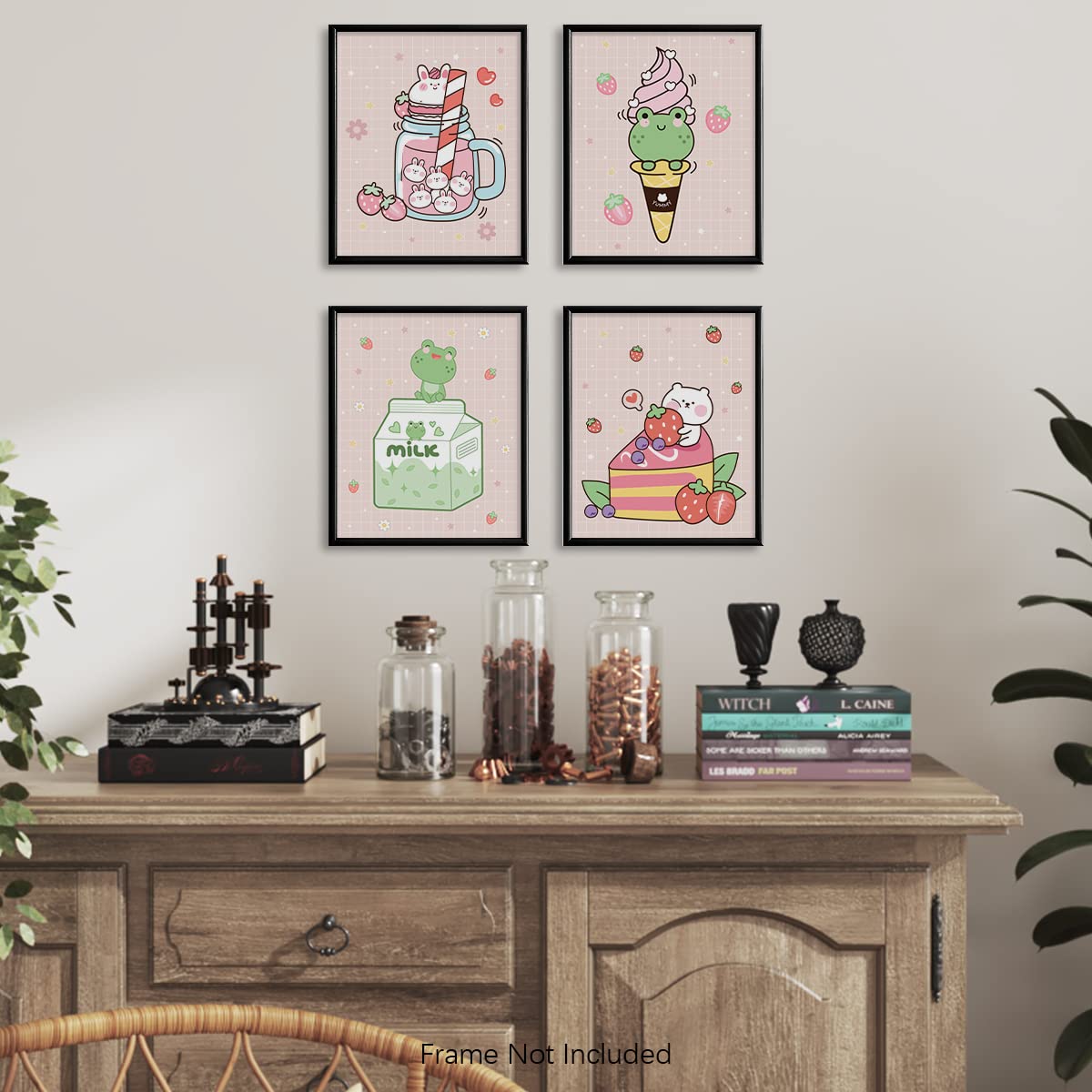 Kawaii Japanese Anime Wall Decor for Dining Room - Pink Cute Kitchen Room Decor - Aesthetic Rabbit Frog Strawberry Poster Print for Teen Girl Bedroom Wall Art - Kids Nursery Gifts - Apartment Pictures