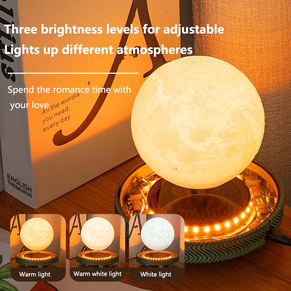 KIYOMING Levitating Moon Lamp Floating Saturn Lamp with Transparent Luminous Light Base Suspension 360° Rotation Saturn Light 3 Colors Display Mode Table Lamp for Home Office