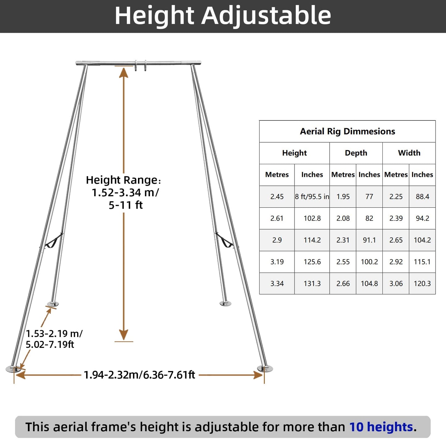 PRIOR FITNESS Aerial A-Frame Rig - 730kg/1610 lbs Capacity Yoga Stand for Hammocks/Silks/Hoops, Portable Adjustable 5-11ft (10 Heights), CE & SGS Certified, Easy Install