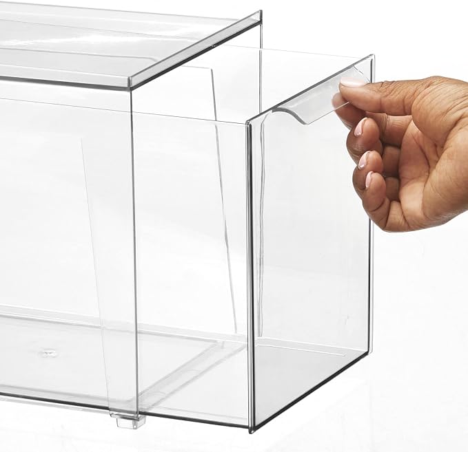 mDesign Plastic Stackable Bathroom Storage Organizer Bin Containers with Front Pull Drawer for Bathroom Countertop, Vanity, Closet Shelves - Holder for Accessories - Lumiere Collection, 2 Pack, Clear