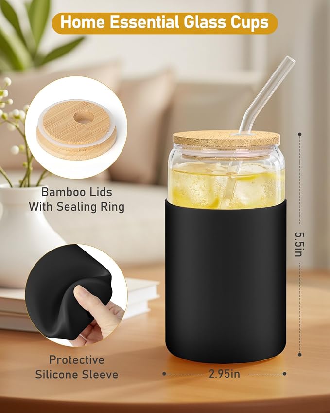 sungwoo Glass Cups with Lids and Straws, 4 Pack 16OZ Iced Coffee Cups with Silicone Sleeve, Glass Tumbler with Straw and Bamboo Lid, Home Essential Drinking Set for Juice, Cocktail and Tea Black&White