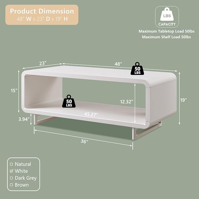 IFGET 48" Modern Coffee Table, 2-Tier Minimalist Center Table with Storage Shelf, Curved Profile Design, Wooden Rectangular Living Room Table w/Wood Thick Design for Living Room, Office, White