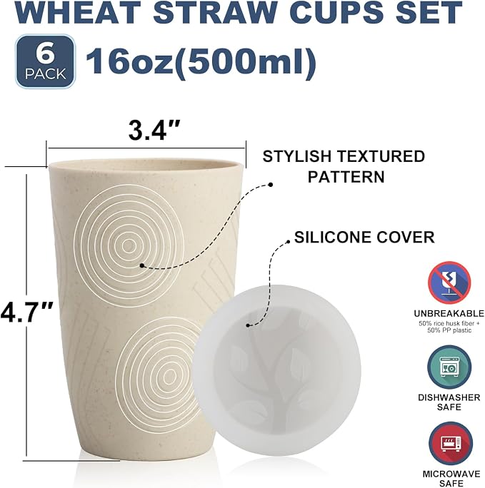 Wrova Wheat Straw Cups with Silicone Covers 16oz Set of 6 - Alternative Plastic Cups Microwave & Dishwasher Safe - Plastic Drinking Cups Unbreakable for Kids - Beige