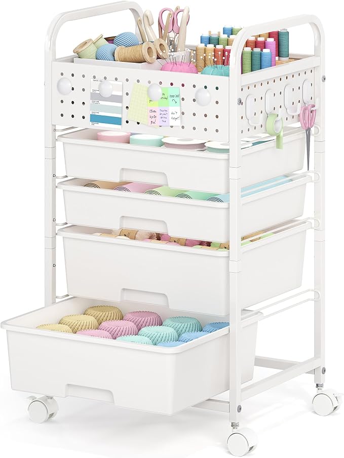 SYKIARIOL 4 Drawer Rolling Storage Cart with Pegboard Top and Hooks, Mobile Organizer Cart with Wheels for Office Supplies, Craft Storage, Classroom Organization, Home Utility Cart, White