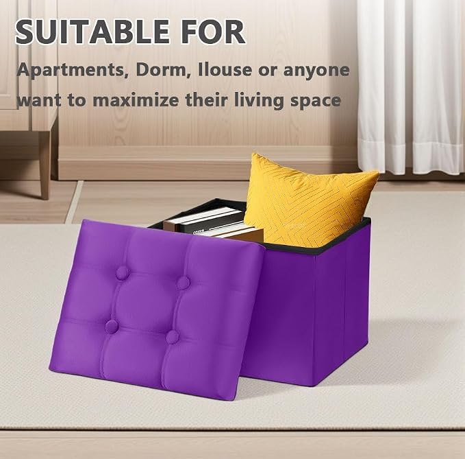 AmasSmile Storage Ottoman Foot Rest Stool, 17 inch Velvet Footstool Bench, Short Ottomans Stool, Small Folding Storage Ottoman Store Books, Records, Purple