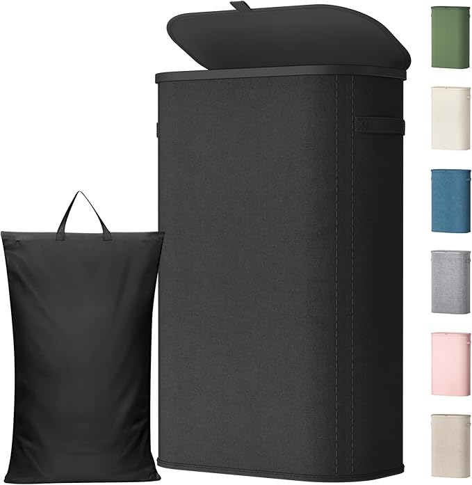 Lifewit Slim Laundry Basket with Lid, Narrow Large Laundry Hamper with Plastic Handles and Removable Bag, Tall Foldable Dirty Clothes Hampers for Laundry Room, Bedroom, Bathroom, Dorm, 65L Black