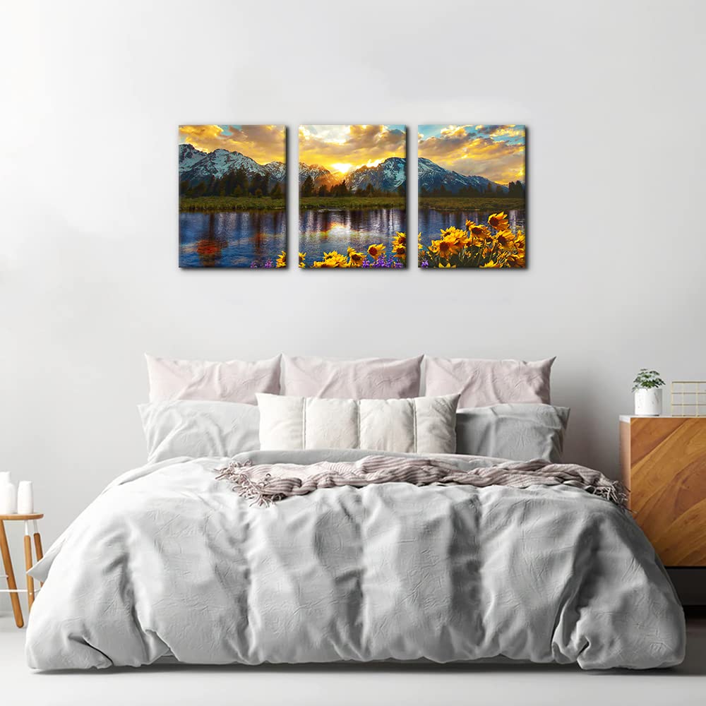3 Pieces Mountain Canvas Wall Art for Living Room Nature Landscape Picture Sunflower Wall Decor for Bedroom Home Decoration Sunrise Grand Teton National Park Painting Framed Artwork - 12" x 16" x 3