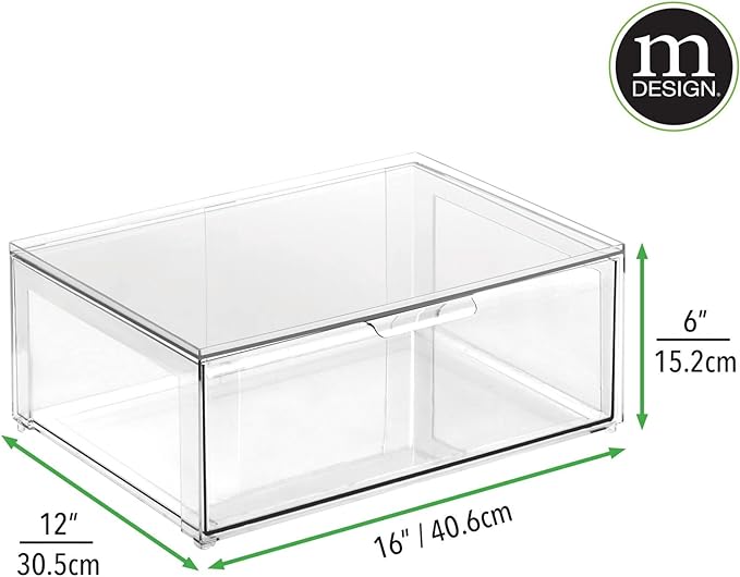 mDesign Plastic Stackable Bathroom Storage Organizer Bin Containers with Front Pull Drawer for Bathroom Countertop, Vanity, Closet Shelves - Holder for Accessories - Lumiere Collection, 2 Pack, Clear