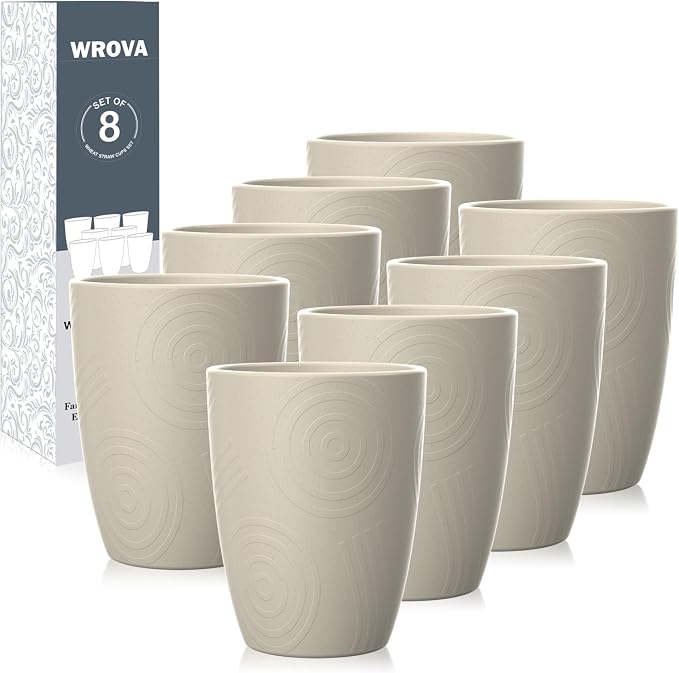 Wrova Wheat Straw Cups 8 PCS Good Alternative to Plastic Reusable Cups 12 oz Unbreakable Drinking Cup Reusable Dishwasher Safe Water Plastic Glasses (Beige)