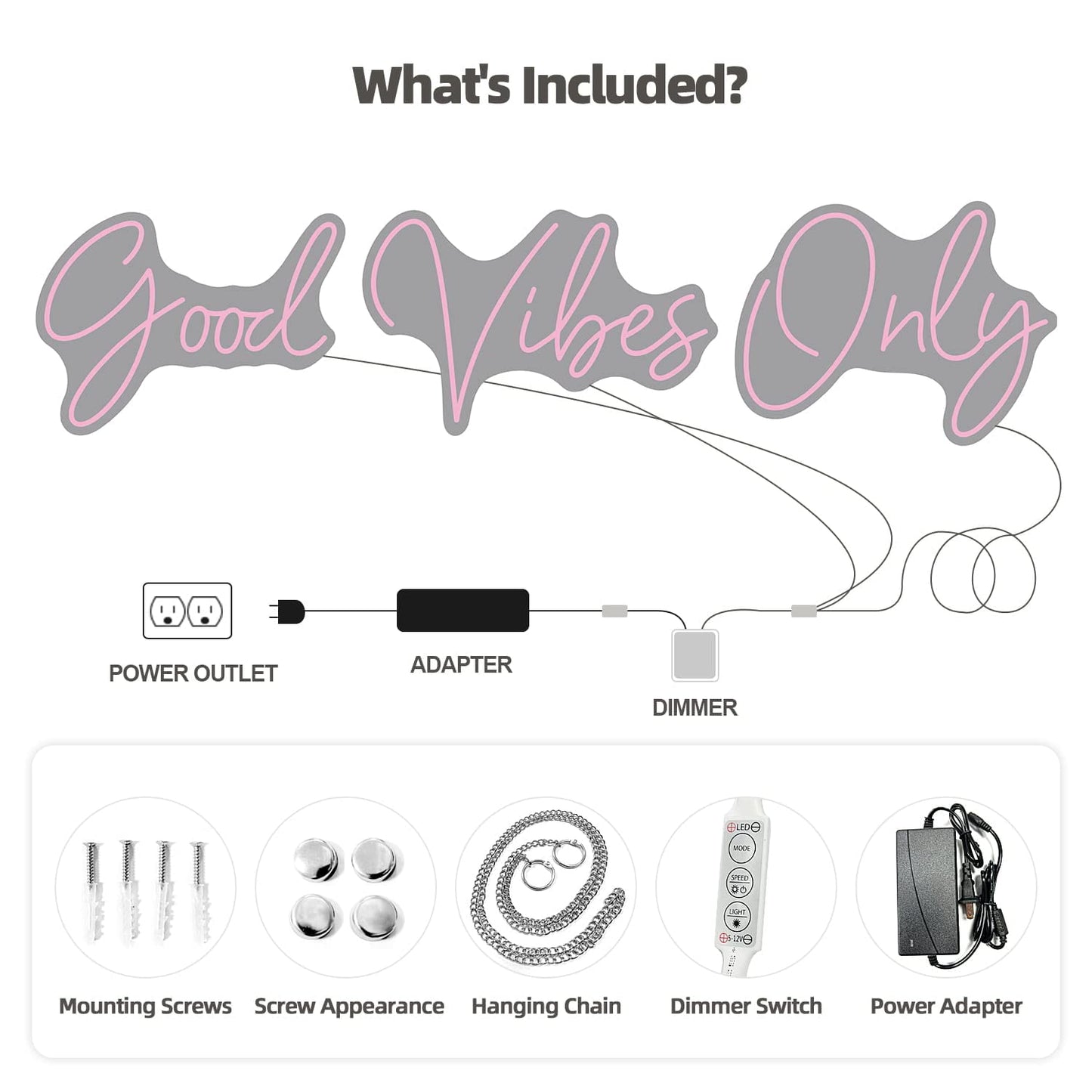 Good Vibes Only Neon Signs for Wall Decor -56.57" x 13.5" Pink large Neon Sign LED Art Decorative Lights with Dimmable for Bedroom Home, Club Bar and Party Decor
