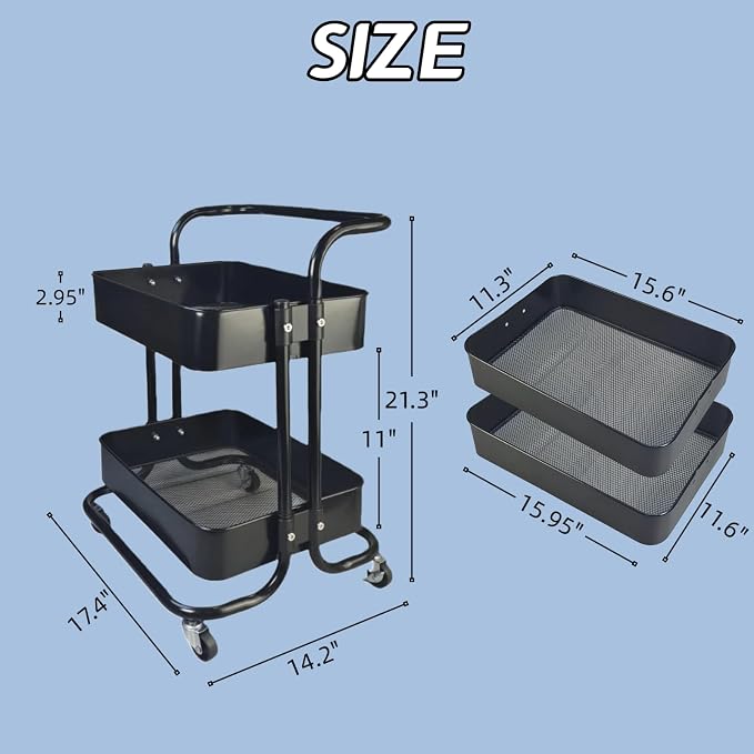 2 Tier Rolling Utility Cart with Wheels All-Metal Short Pantry Cart Under Desk Storage Trolley with Handle, Small Rolling Storage Shelf for Small Space Kitchen Laundry Room Bathroom, Black