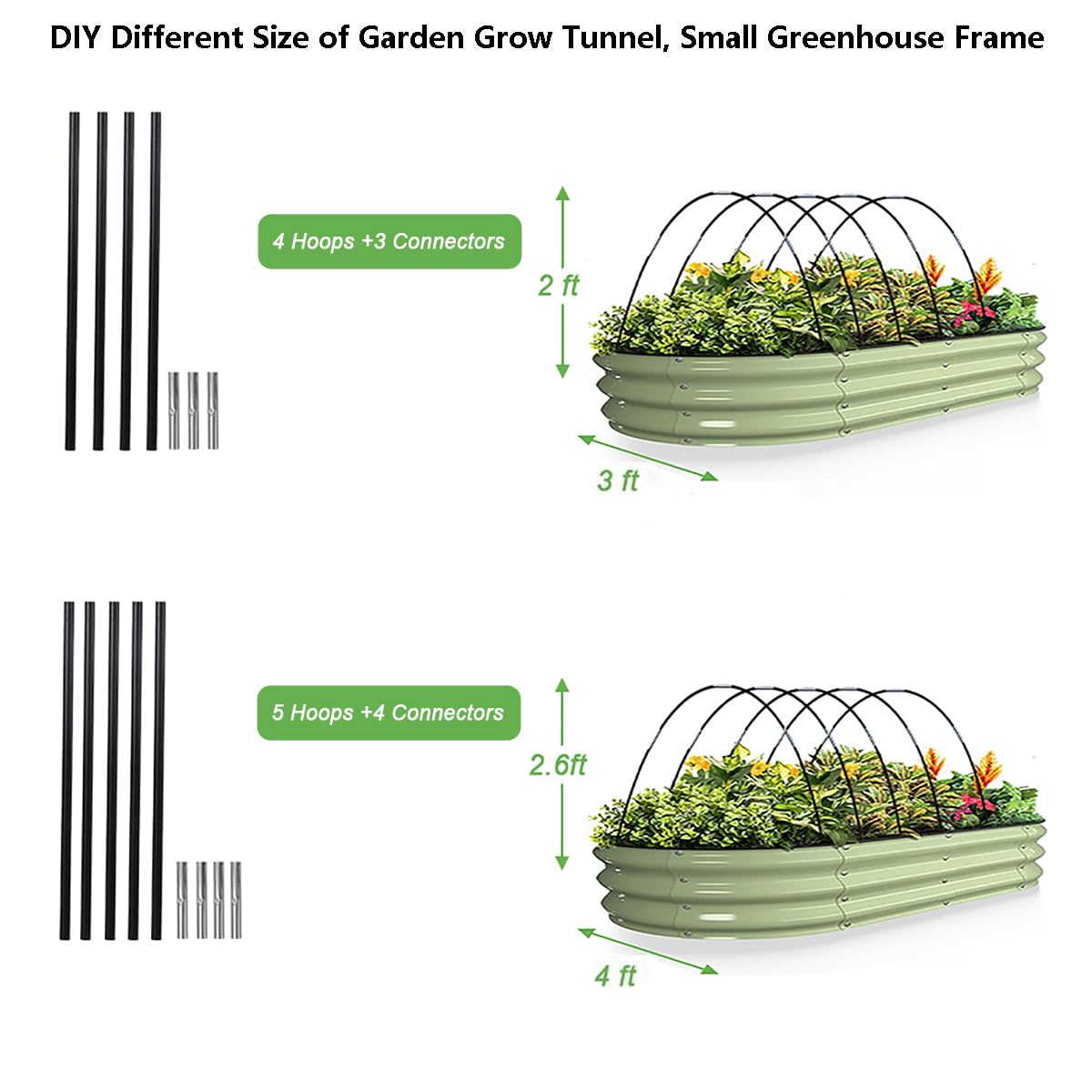 Garden Hoops Grow Tunnel, 12 Sets of 7FT Greenhouse Hoops for Raised Beds, Rust-Proof Fiberglass Frame for Garden Netting, Small Greenhouse Kit, DIY Plant Support Garden Stakes, 60 pcs