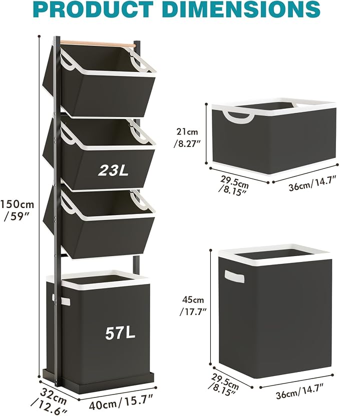 4-Tier Laundry Hamper Sorter, Vertical Laundry Sorter with Removable Basket, Stackable Laundry Cart Organizer and Storage 125L for Small Space, Dorm, Closet, Bathroom Black