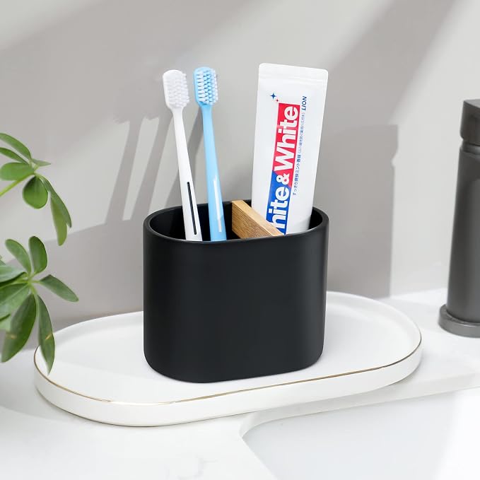 rejomiik Thick Resin Toothbrush Holders Bamboo Tooth Brushing Holder for Bathroom Countertop, Tooth Brush Storage Organizer Stand for Holds Toiletries and Beauty Accessories, Toothpaste, Razor, Black