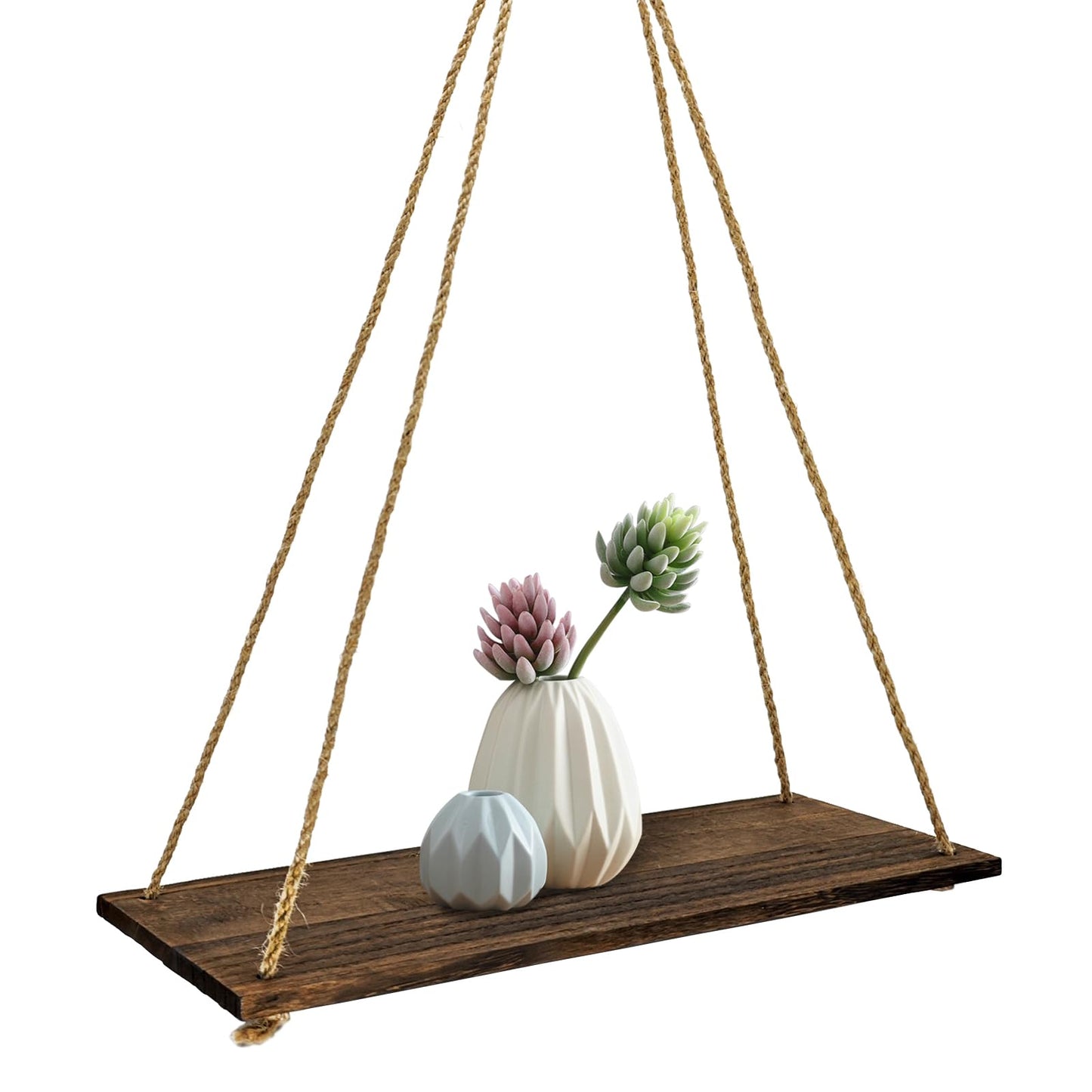 FuninCrea Hanging Shelves for Wall, 13.7×5.5 Inch Rustic Wood Floating Shelves with Swing Rope, Decorative Hanging Wall Shelf Photo Plant Display Shelf for Living Room Bedroom (Dark Brown)