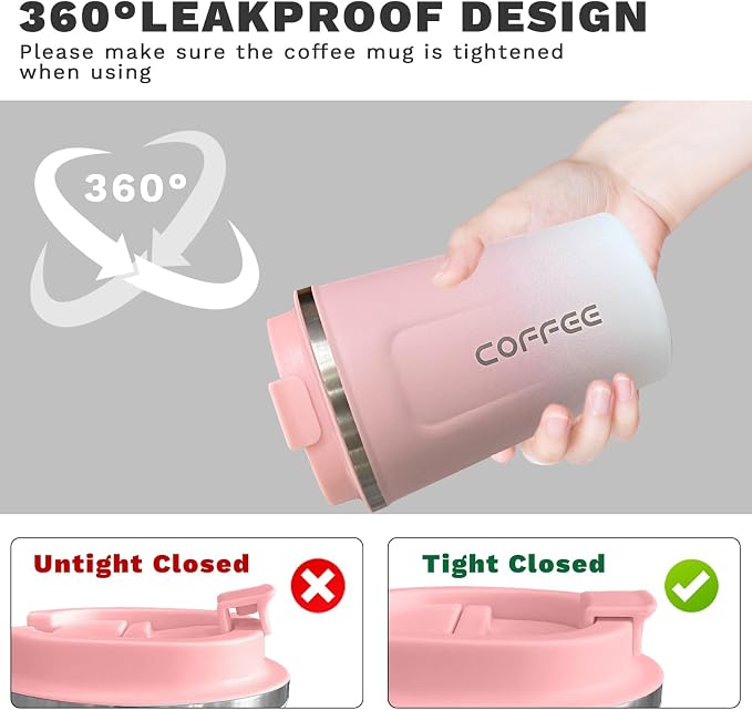YINBAOGE Insulated Travel Coffee Mug, Spill & Leak Proof, Portable To Go Camping Stainless Steel Coffee Tumbler, Reusable Thermal Coffee Cup with Lid for Hot & Cold Drinks (2nd-Pink White, 17 OZ)