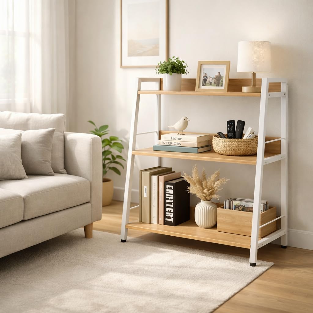 YCICI 3 Tier Bookshelf, Small Bookshelf for Small Spaces, Wood and Metal Bookcase, Open Shelf Organizer, Modern Storage Shelf for Living Room and Office (White, Ladder)
