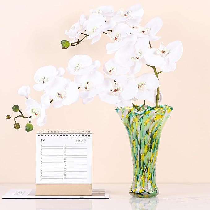 9.0"H Green Glass Vases for Flowers, Unique Hand Blown Glass Vase Green Gold Home Decor, Wide Mouth Colorful Flower Vase Centerpieces, For Living Room Table Bookshelf, Bathroom Office Shelf Decorative