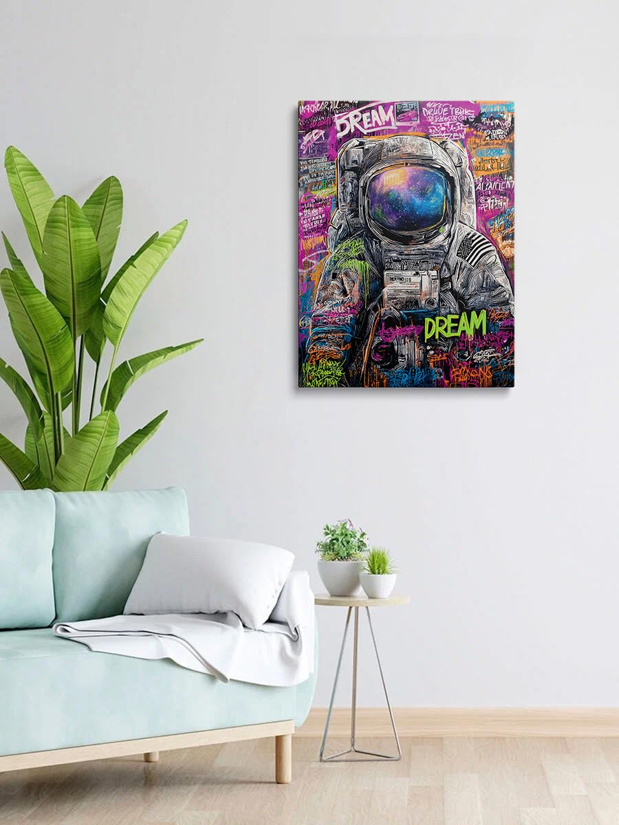 Graffiti Astronaut with DREAM Text Galaxy Visor Canvas Wall Art Framed Banksy Style Painting Prints Posters Artwork for Boys Room Space Themed Wall Decor 12x16 Inches