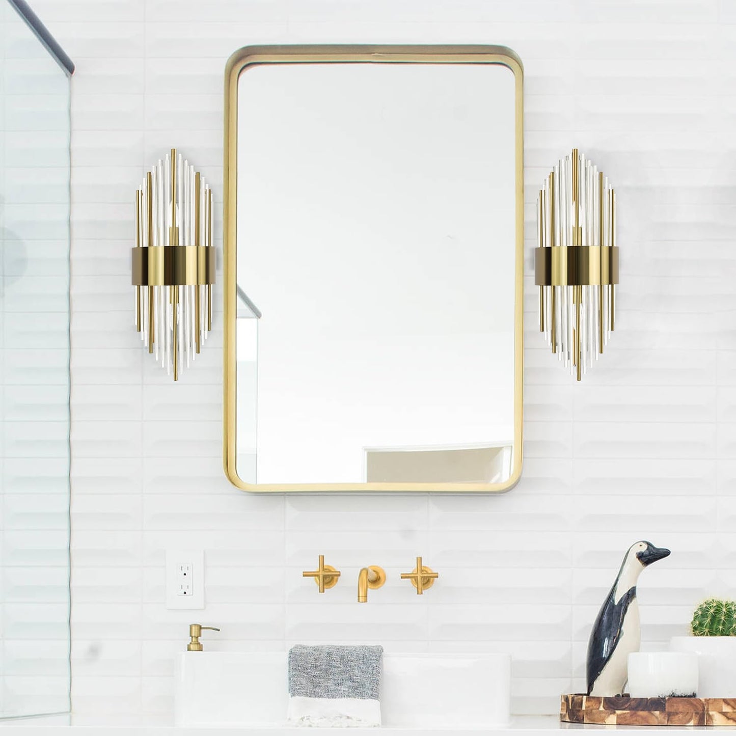 TEENYO Modern Gold Wall Sconces Set of Two Crystal Sconces Wall Lighting 2-Light Brass Glass Wall Light Fixtures for Bedroom Living Room Bathroom Vanity Mirror Light Fixtures