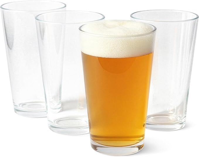 Amazon Basics Pint Glasses, 16 oz., Dishwasher-Safe, 4-Piece Set