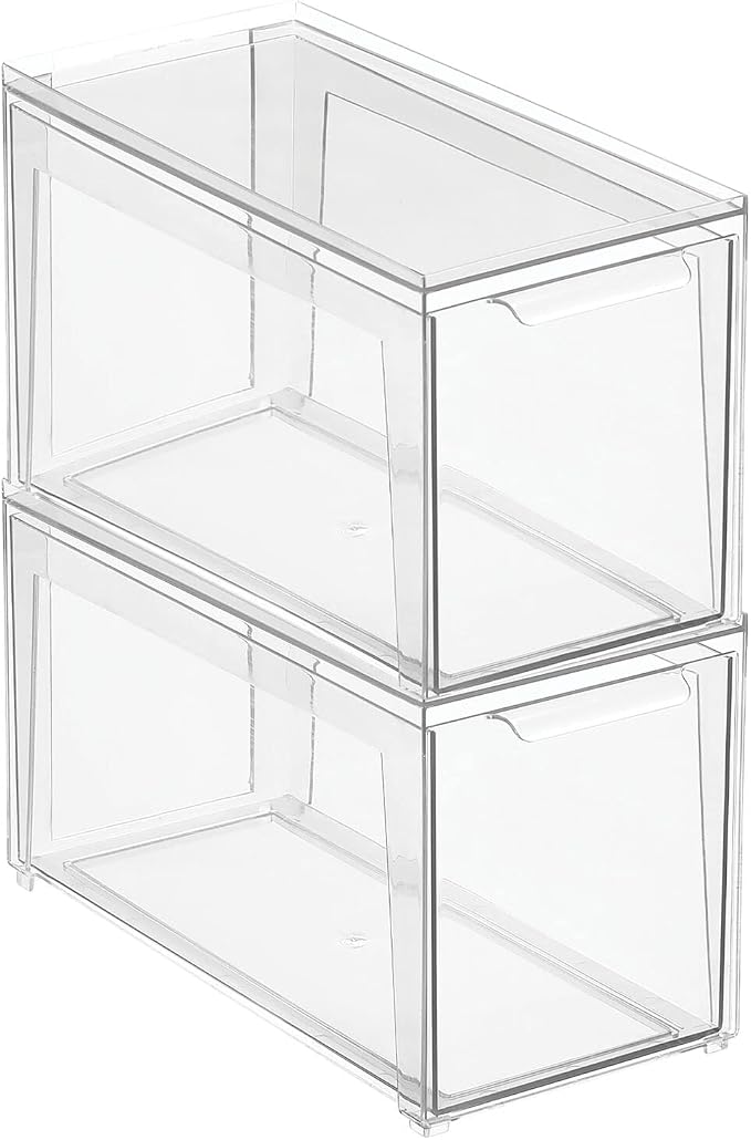 mDesign Plastic Stackable Bathroom Storage Organizer Bin Containers with Front Pull Drawer for Bathroom Countertop, Vanity, Closet Shelves - Holder for Accessories - Lumiere Collection, 2 Pack, Clear