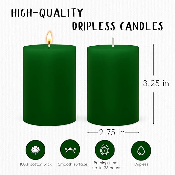 6 Packs 2.75x3.25 Inch Green Pillar Candles, Unscented Dripless Non-Toxic Smokeless Clean Long Lasting Burning Cylinder Candles for St. Patrick's Day Home Dinner Table Power Outage Emergency