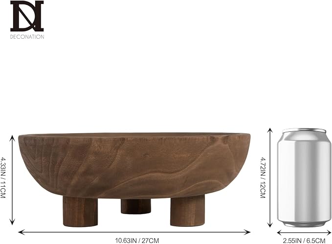 DN DECONATION Wooden Decorative Bowl with Tripod Base 10.63" - Brown Wood Fruit Candy Key Holder Bowl Footed for Dining Table Top Centerpiece Decor Rustic Home Shelf Decor