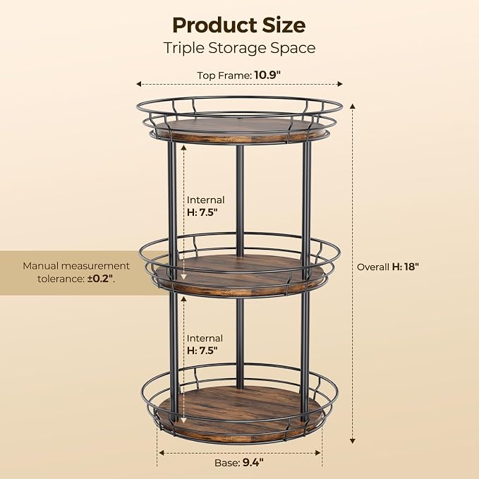 LAMU 10'' Lazy Susan Turntable Organizer, 3 Tier Round Rotating Spice Rack Organization for Kitchen Cabinet and Countertop, Wooden Lazy Susan for Table Top, Pantry, Bathroom, Vanity, Home Decor