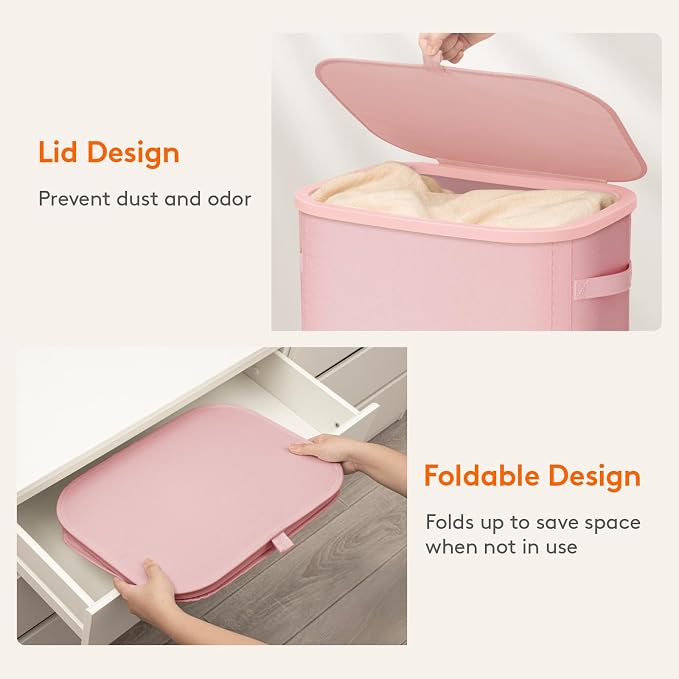 Lifewit Slim Laundry Basket with Lid, Narrow Large Laundry Hamper with Plastic Handles and Removable Bag, Tall Foldable Dirty Clothes Hampers for Laundry Room, Bedroom, Bathroom, Dorm, 65L Pink