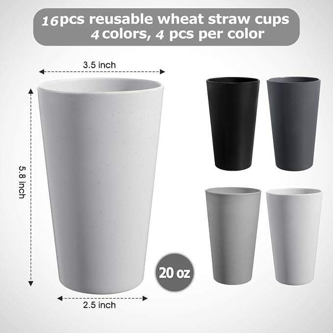 HEYCOME Set of 16 Wheat Straw Cups, 16 Pcs 20 oz Unbreakable Drinking Cups, Reusable Plastic Cups Sets, Water Glasses Tumblers, Microwave & Dishwasher Safe, Bpa Free, 4 Colors
