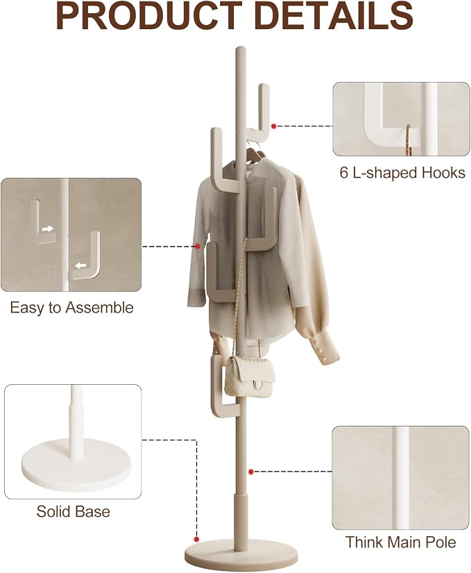 Muwuele Solid Wood Cactus Coat Rack, Freestanding Coat Rack With 6 L-Shaped Hooks and 3 Adjustable Sizes, Coat Tree for Bedroom, Entryway, Livingroom, Coat Hanger Stand for Coats, Handbags (White)
