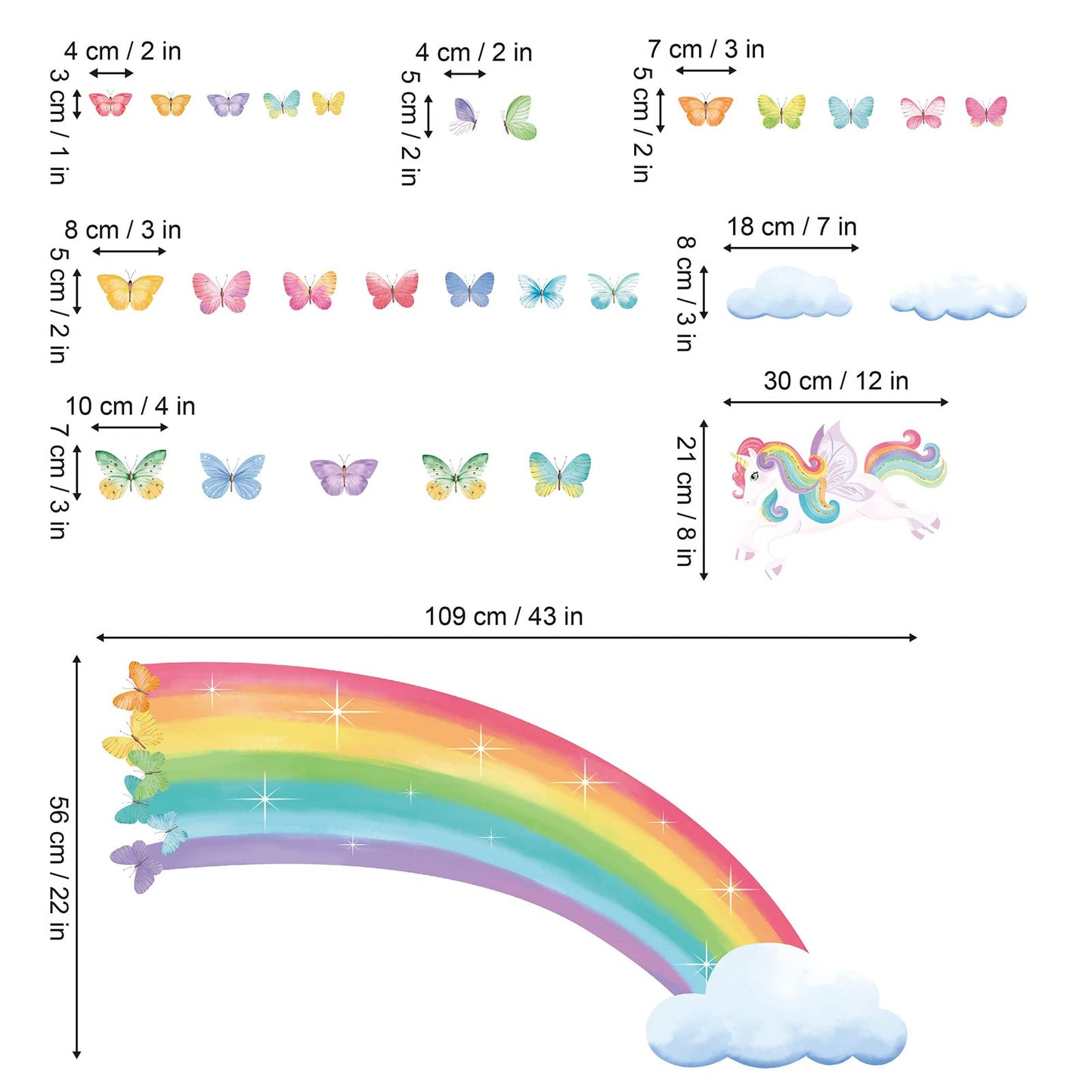 decalmile Rainbow Wall Decals Unicorn Rainbow Butterflies Clouds Wall Stickers Baby Nursery Girls Bedroom Daycare Wall Decor Gifts for Girls