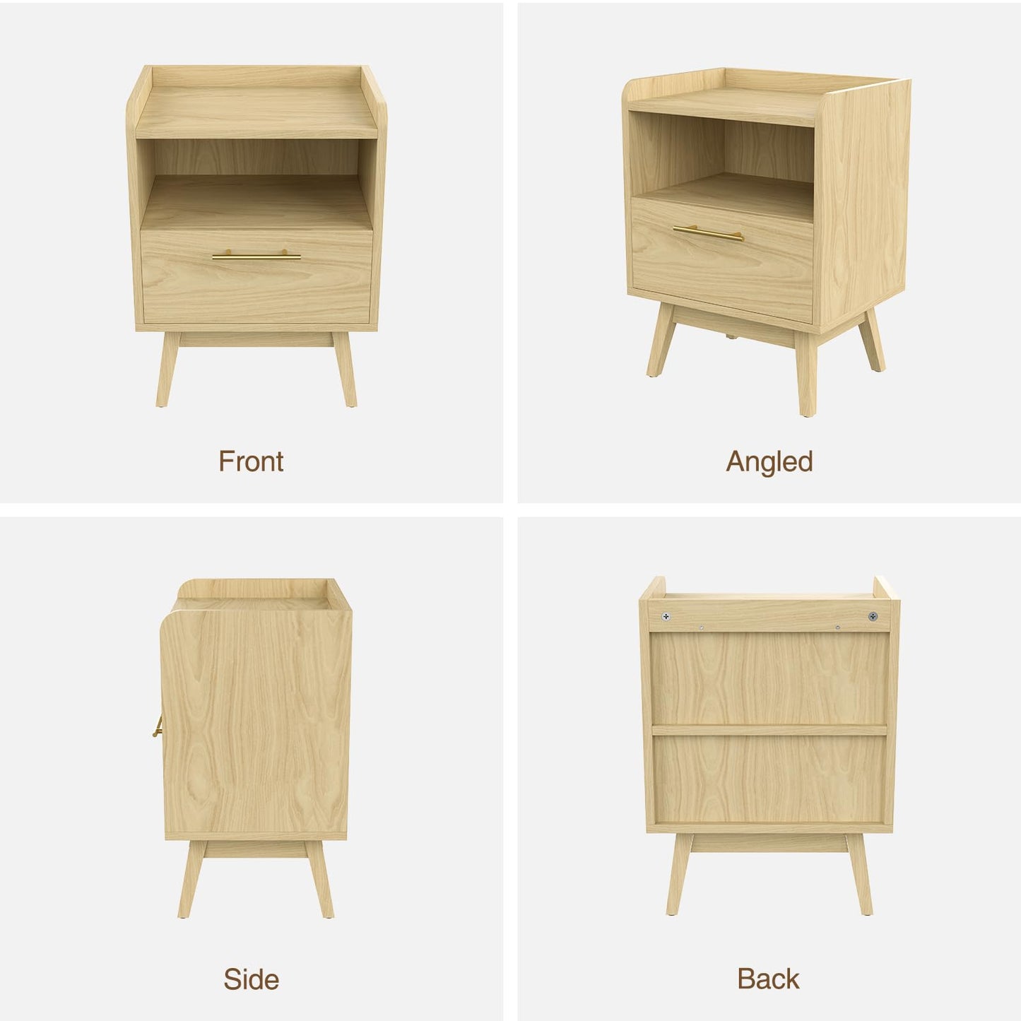 Favoduerme Night Stand with Drawer & Open Storage Shelf, Small Wooden Nightstand with Raised Edge, Mid Century Modern Side Table with Solid Wood Feet, Metal Handle for Bedroom Natural