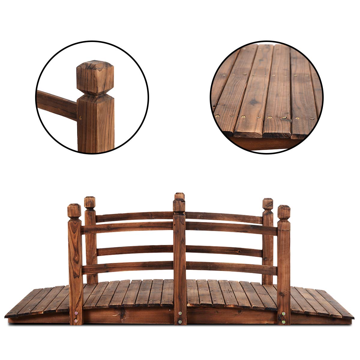 S AFSTAR Wooden Garden Bridge, 5FT Stain Finished Arch Footbridge with Safety Rails for Garden Patio Yard, Outdoor Pond Bridge & Wishing Well Planter Set