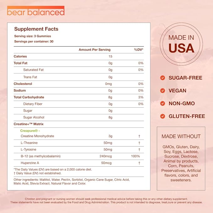 Creatine Gummies for Men & Women - Creatine Monohydrate, L-Theanine, L-Tyrosine & B12 for Muscle Growth, Strength, and Focus, Peach Mango, 2 Pack