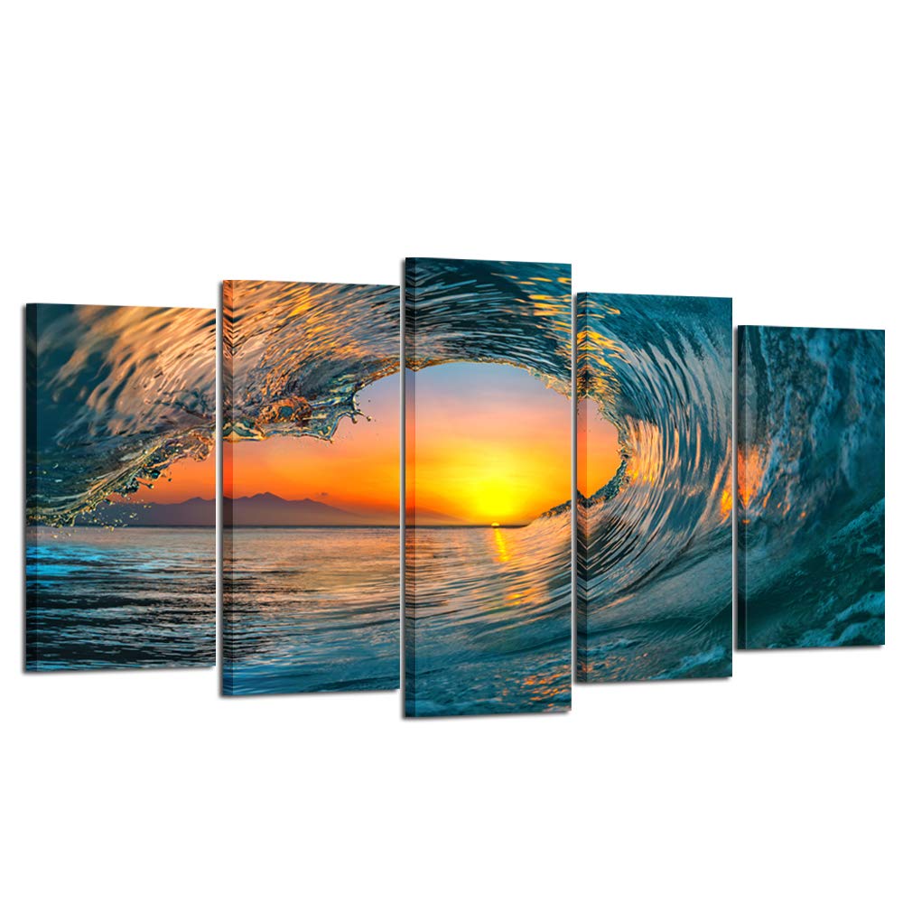 KREATIVE ARTS Large 5 Piece Sea Waves Wall Art Modern Framed Giclee Canvas Prints Seascape Artwork Ocean Beach Pictures Paintings on Canvas for Living Room Home Office Decor (Large Size 60x32inch)