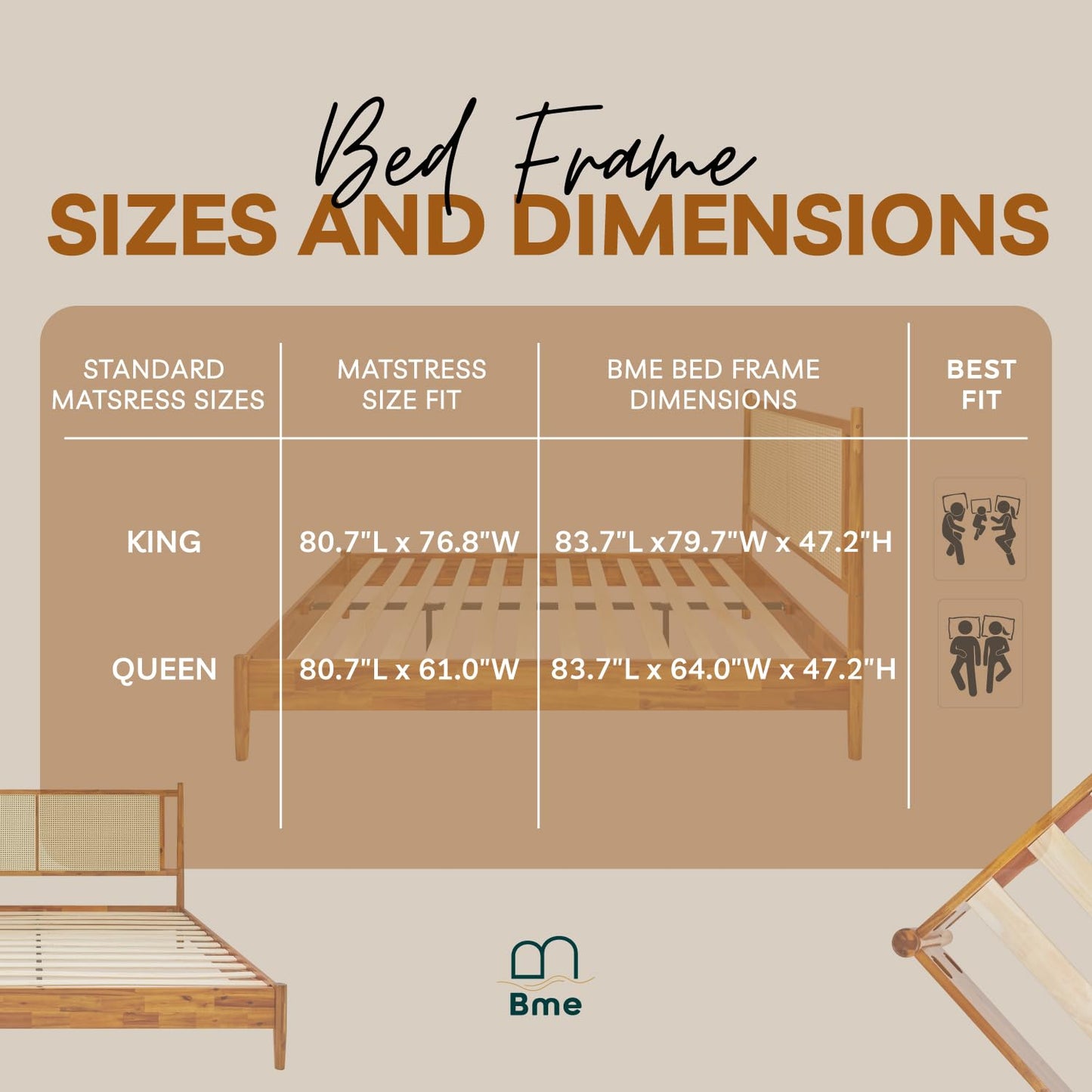 Bme Oliver Headboard Queen Size Bed Frame - 15-Inch Signature Design with Rattan Headboard, Bohemian and Mid Century Style, 12-Slat Wood Support, No Box Spring Needed - Easy Assembly, Caramel
