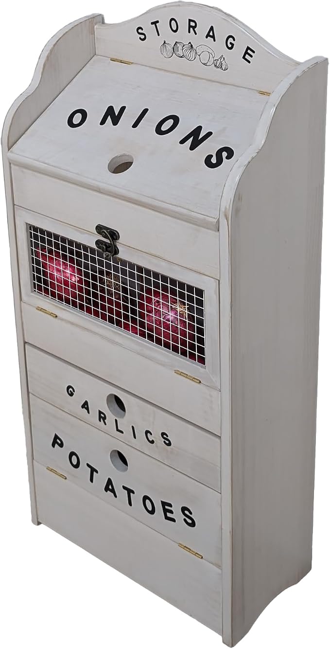 ARTAWEIN Pine Wood Veggie Bin for Potato, Onion and 1 Garlic Drawer Vegetable Box for Kitchen Storage, Solid Wood Vegetable Bin 13.77" L X 7.1" W X 29.3" H (Rustic White)