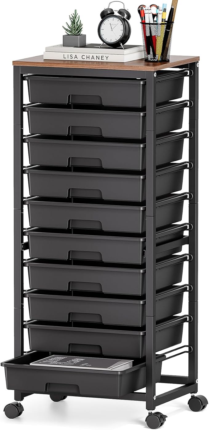 SYKIARIOL Rolling Cart with Drawers,10 Drawer Rolling Cart,Storage Cart,Utility Cart,Teacher Cart for Classroom Storage,Craft Cart with Wheels and Wooden Tabletop,Black