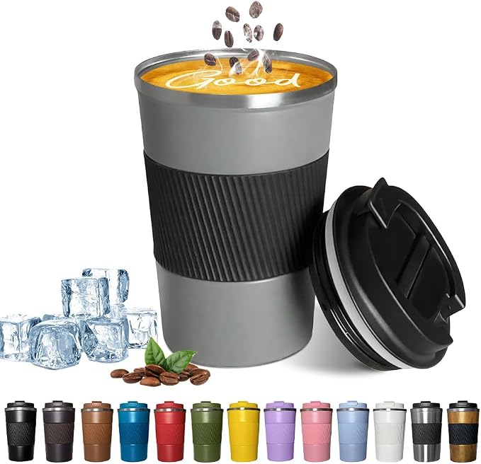 YINBAOGE Insulated Travel Coffee Mug, Spill & Leak Proof, Portable To Go Camping Stainless Steel Coffee Tumbler, Reusable Thermal Coffee Cup with Lid for Hot & Cold Drinks (Grey, 17 OZ)