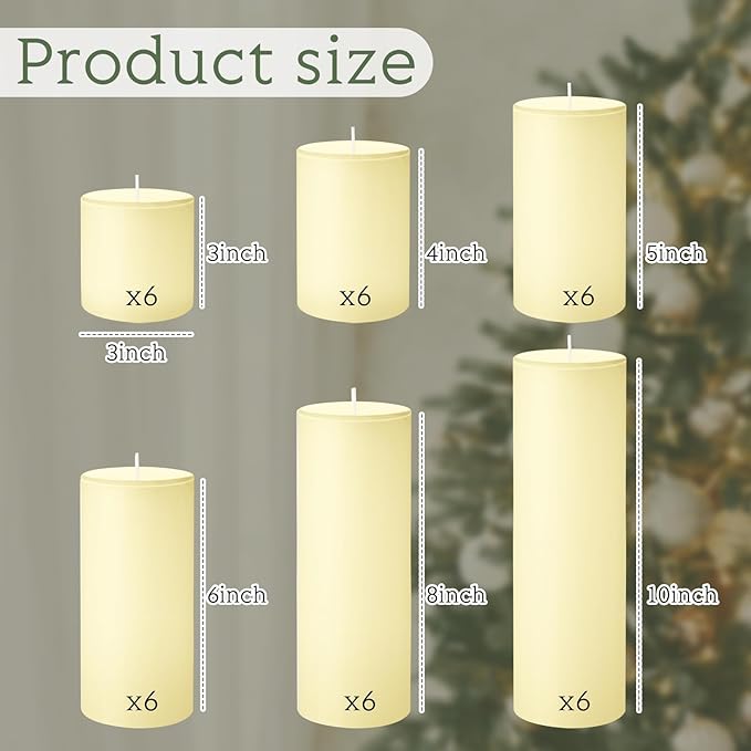 Shihanee 36 Pcs Pillar Candles 3 in x 3,4,5,6,8,10 Dripless Unscented Smokeless Candle Long Burning Decorative Rustic Candles with Cotton Wick for Wedding Home Fireplace (Ivory White)